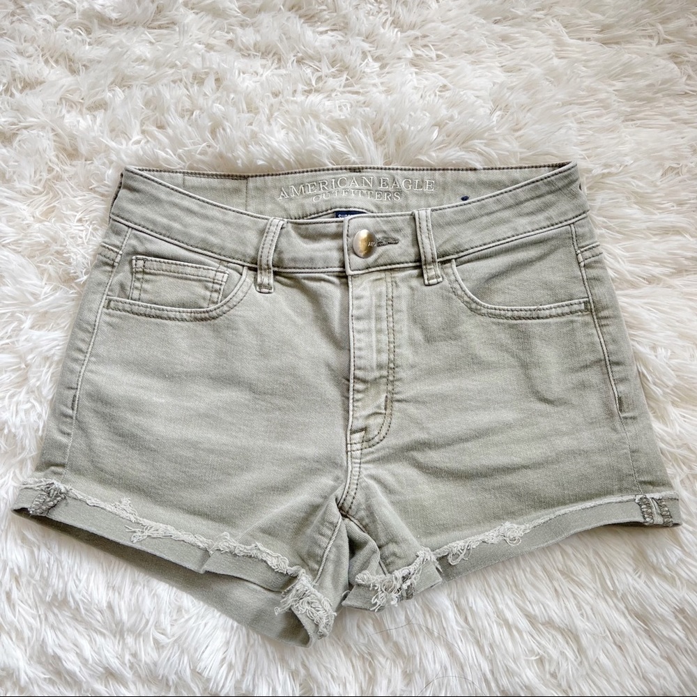 American Eagle Olive Green Hi Rise Shortie Super Stretch X Denim Shirts Sz 2